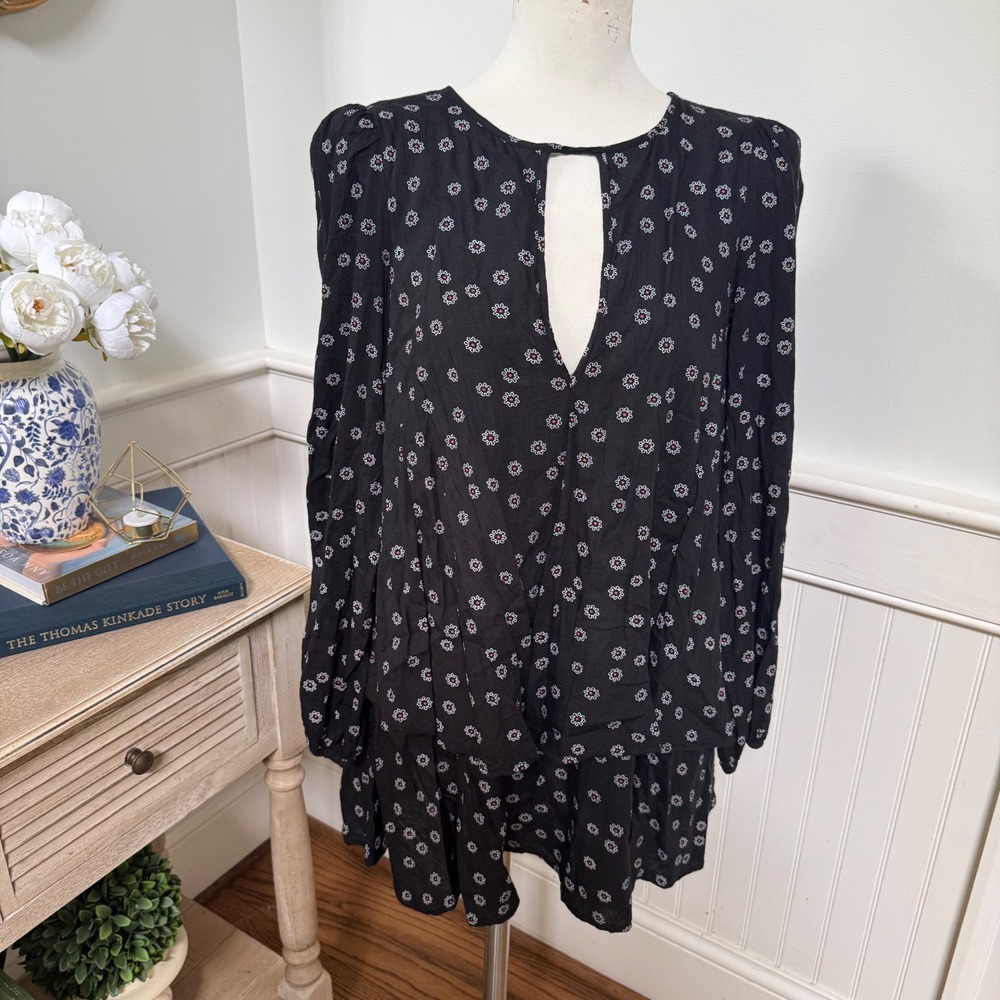 Free People Black Floral Tiered Keyhole Mini Dress Long Sleeve XS OB548332‎